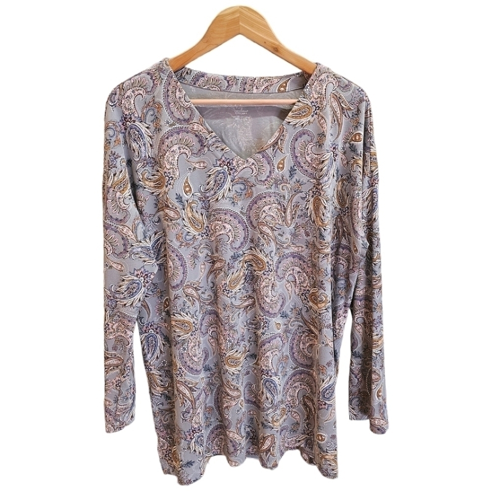 J. Jill Supima Cotton Paisley Print V-Neck Long Sleeve Tunic Top Size Large Soft